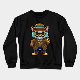 Steampunk Cat in Goggles and Jacket Crewneck Sweatshirt